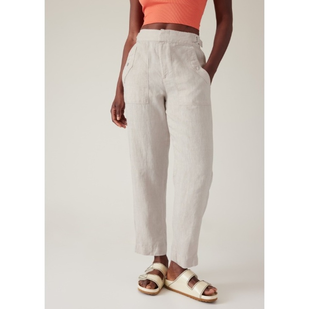 ATHLETA Voyager Linen Pant Size 12 Beige Oatmeal NEW Straight Leg Ankle Casual